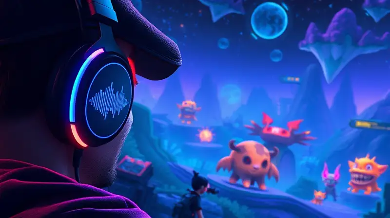 Auriculares brillantes, sonido y mundo pixelado