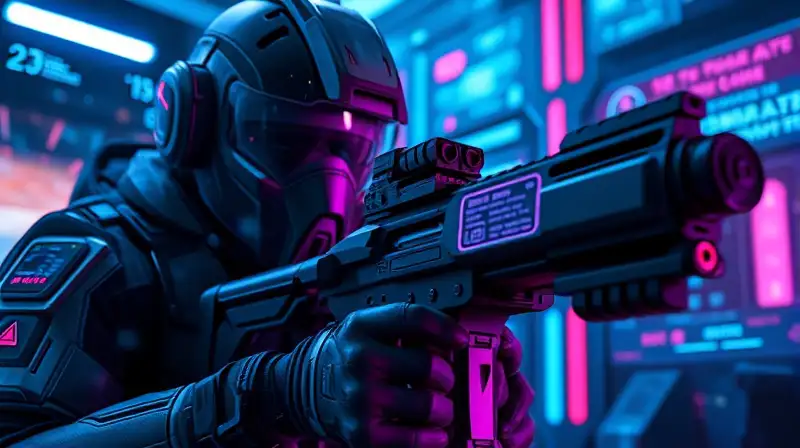Soldado futurista arregla arma holográfica glitch
