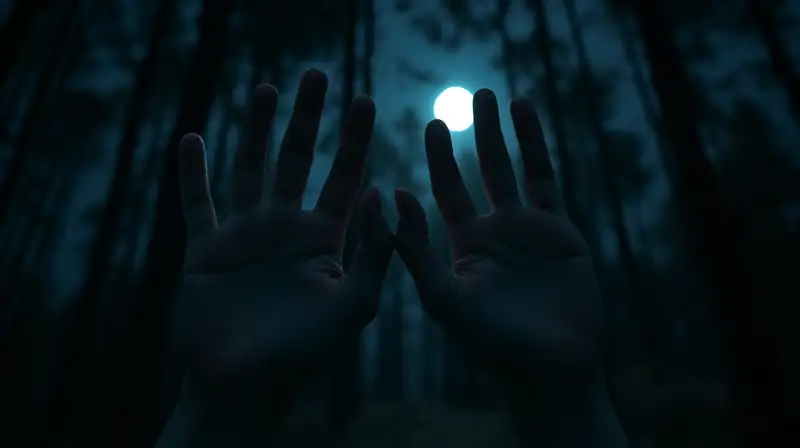 Dos manos señalan supervivencia en bosque nocturno