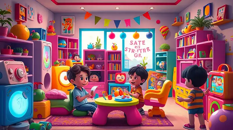 Sala de juegos colorida con personajes felices