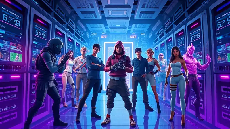 Personajes de Fortnite en red futurista vibrante