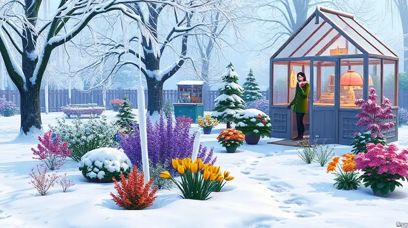 Jardín nevado con plantas y Sim abrigado