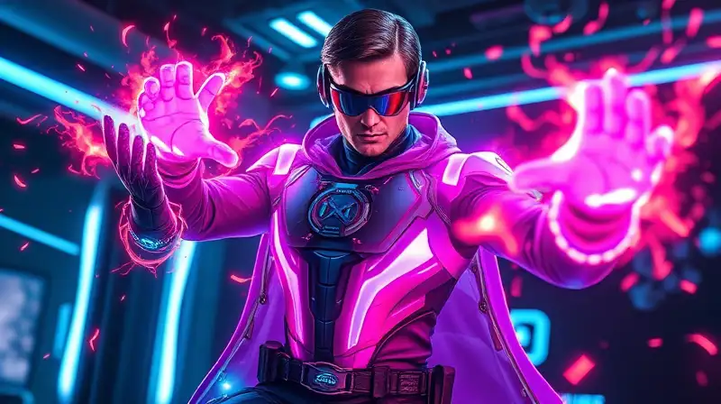 Héroe futurista domina habilidades digitales luminosas