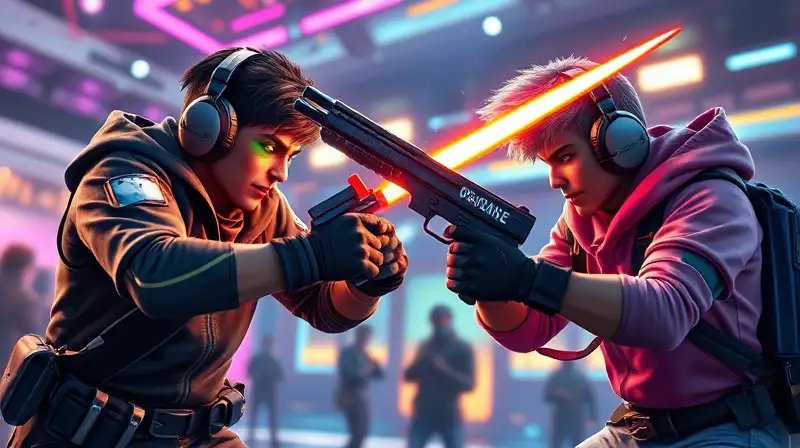 Dos gamers intercambian armas en batalla