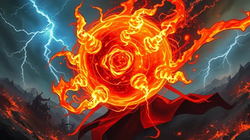 Mago poderoso conjurando fuego y relámpagos