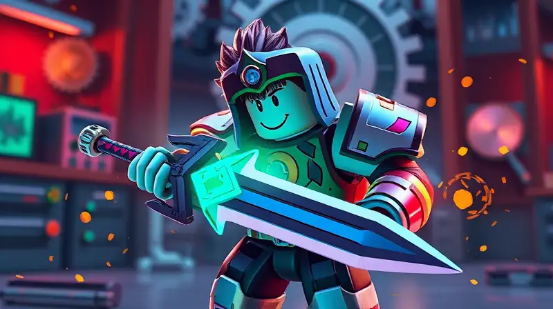 Personaje de Roblox reparando espada y armadura