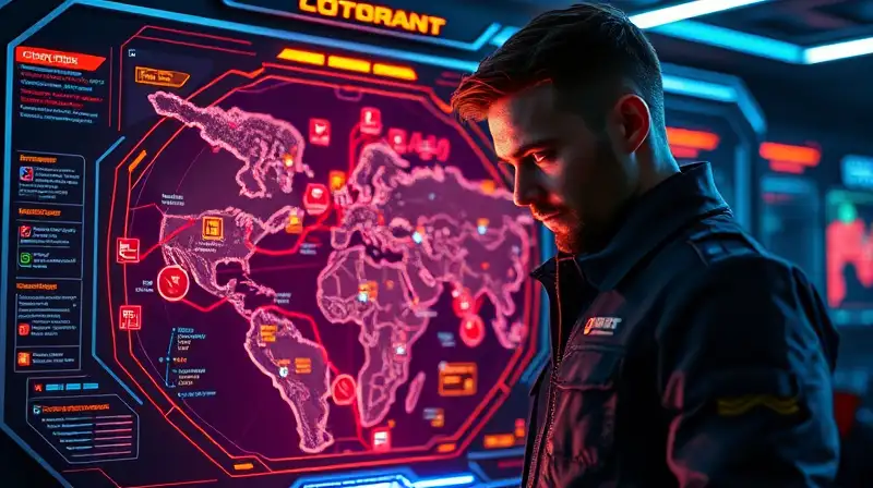 Agente de Valorant analiza mapa holográfico futurista