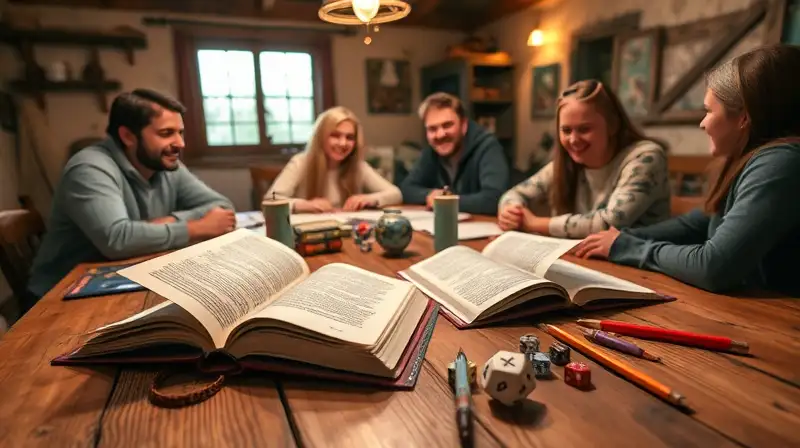 Grupo juega RPG en mesa rústica