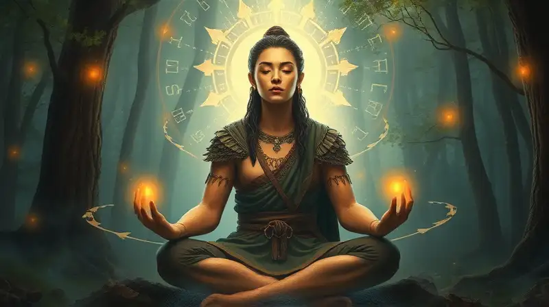 Guerrero meditativo con aura mágica brillante