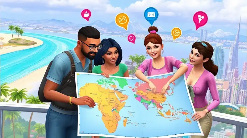 Personajes de Sims planifican viaje colorido