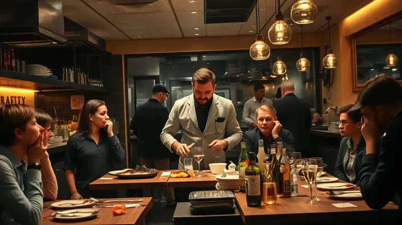 Gerente estresado y caos en restaurante moderno