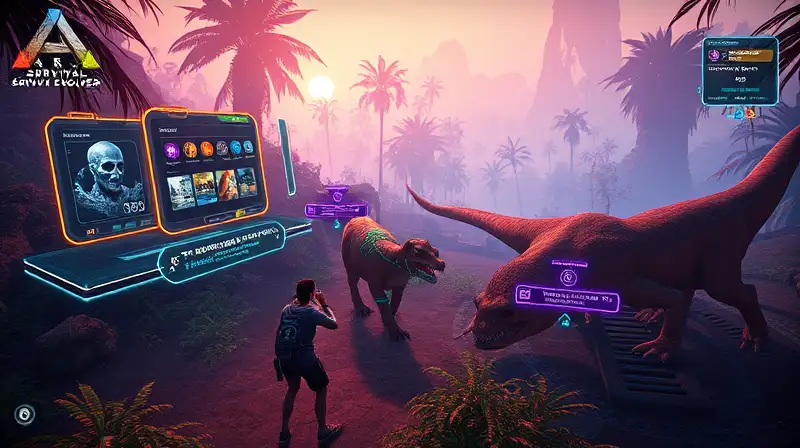 Mercado futurista con comercio y criaturas prehistóricas