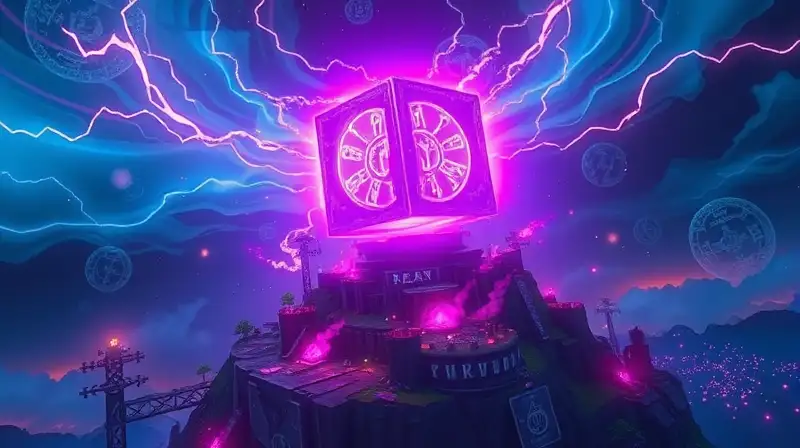 Cubo púrpura místico flota sobre Fortnite