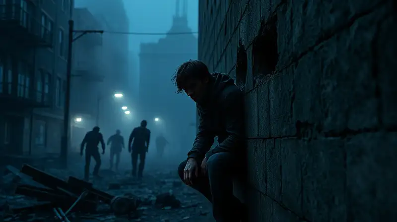Superviviente tenso oculta tras ruinas zombis