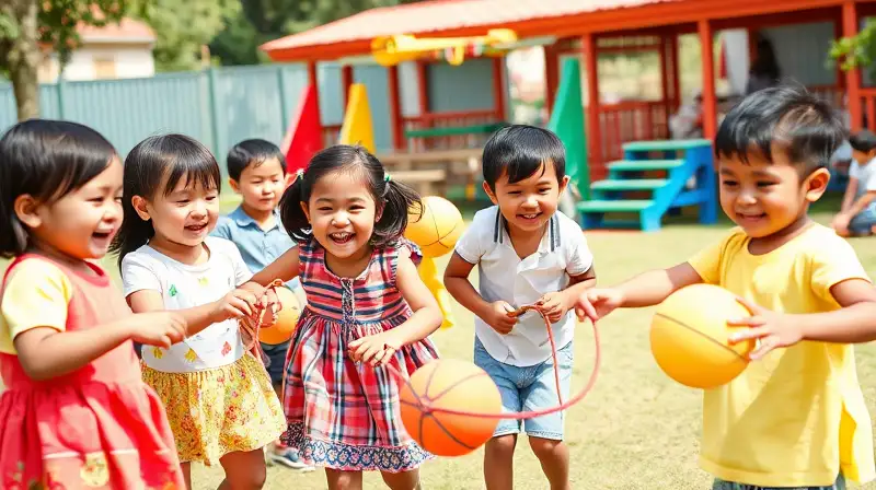 Niños diversos juegan felices al aire libre