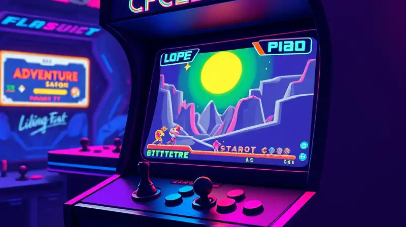 Máquina arcade retro con juego pixelado neon