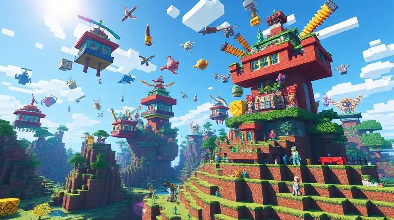 Paisaje Minecraft colorido con criaturas fantásticas