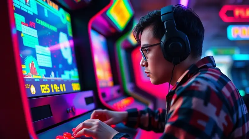 Gamer concentrado en arcade retro y colorido