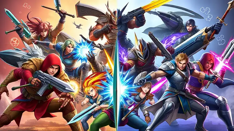 Personajes y armas variados en batalla intensa