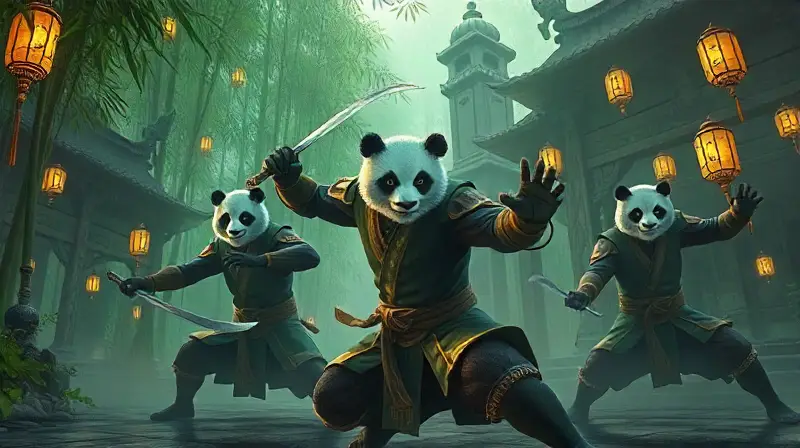 Pandaren luchan en templo asiático místico