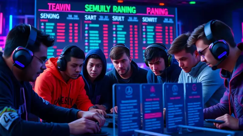 Clan competitivo colaborando en arena futurista