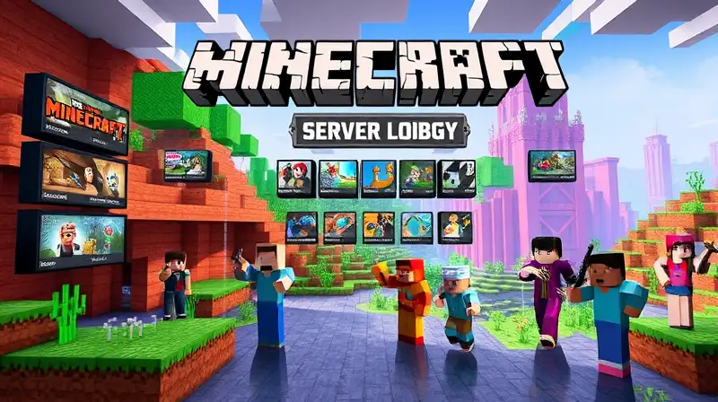 Lobby colorido de Minecraft con minijuegos