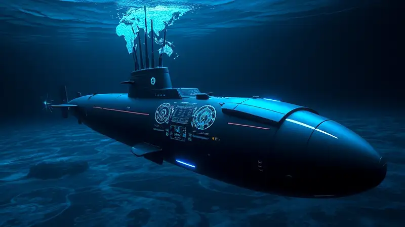 Submarino futurista con sonar y mapas