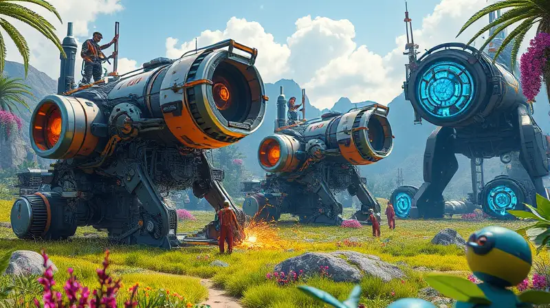 Máquinas futuristas y criaturas brillantes en paisaje