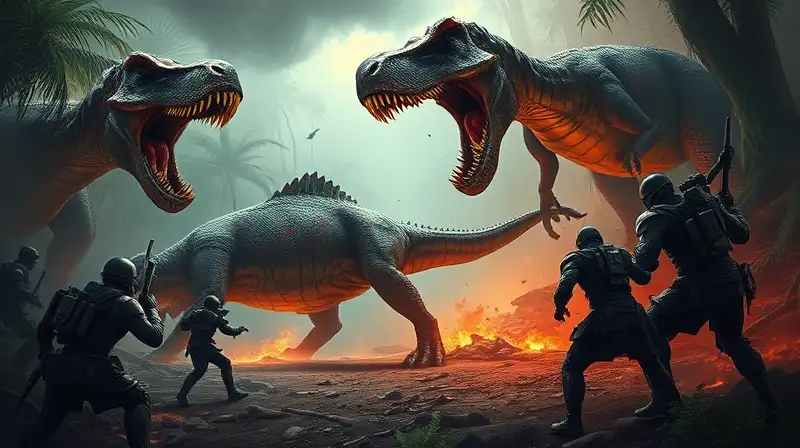 Batalla dinosaurio intensa en base futurista