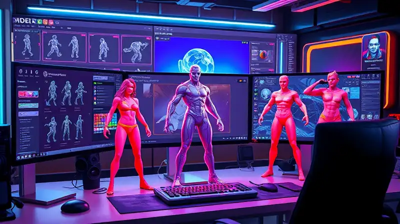 Interfaz 3D con personajes vibrantes y futuristas