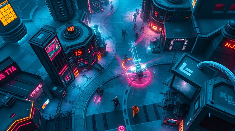 Mapa urbano futurista nocturno con acción