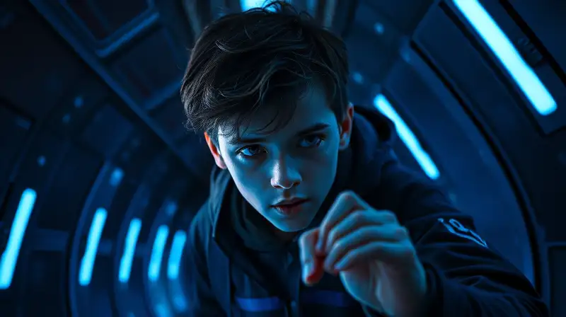 Joven gamer sigiloso en ambiente cyberpunk