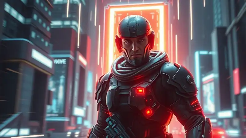 Soldado futurista teletransportándose en ciudad neón