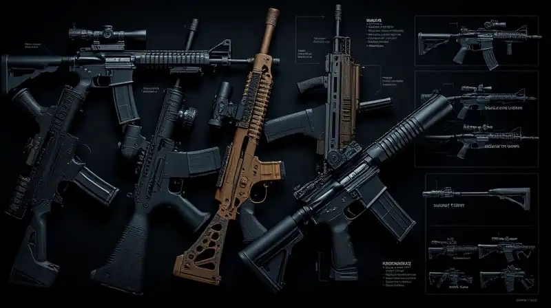 Rifles variados con detalles tácticos y ergonómicos