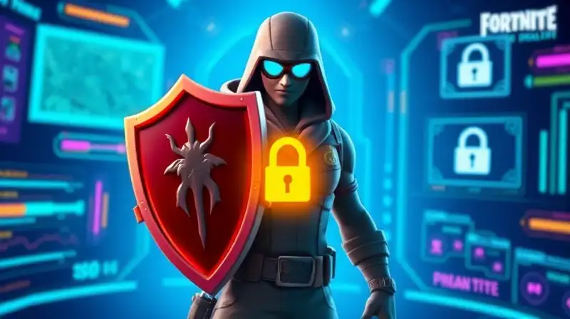 Personaje Fortnite con escudo y privacidad digital