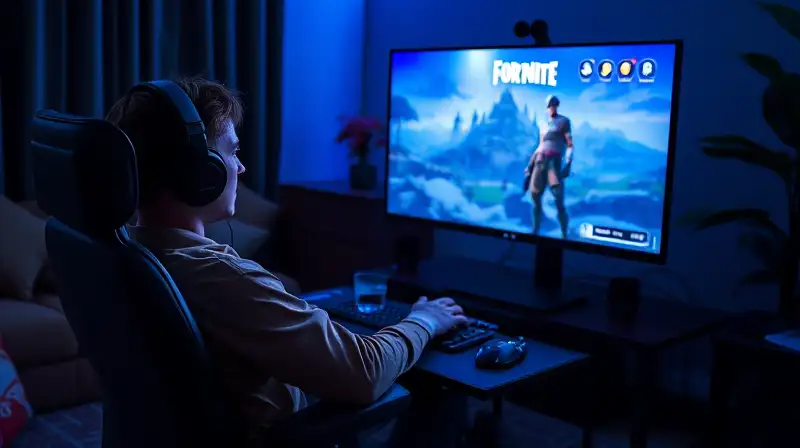 Gamer relajado transmite Fortnite en habitación oscura