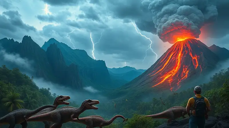 Dinosaurios rugiendo en jungla peligrosa y tormentosa