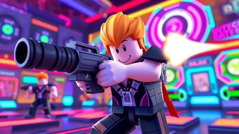 Personaje de Roblox dispara en arena futurista