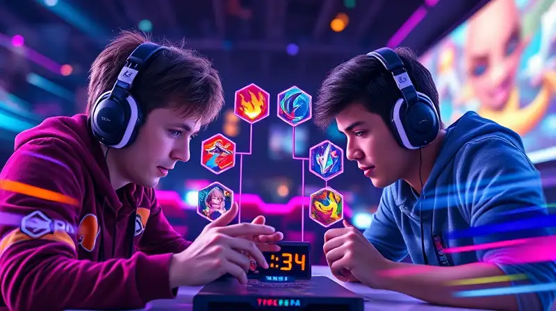 Dos gamers coordinan en arena futurista vibrante