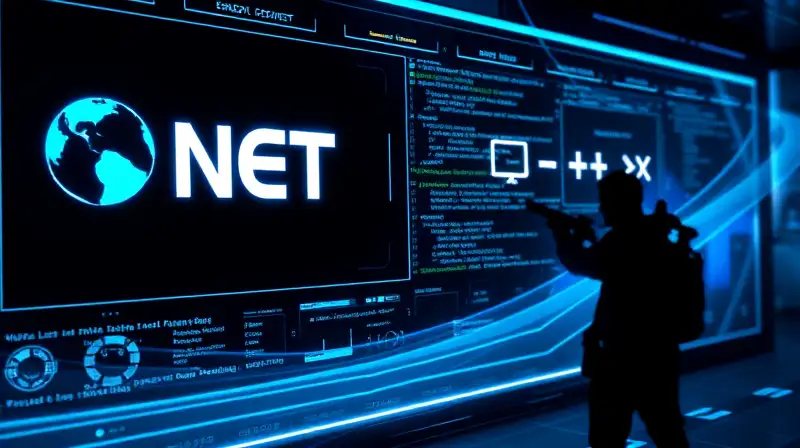Interfaz futurista con logos .NET y Visual C++