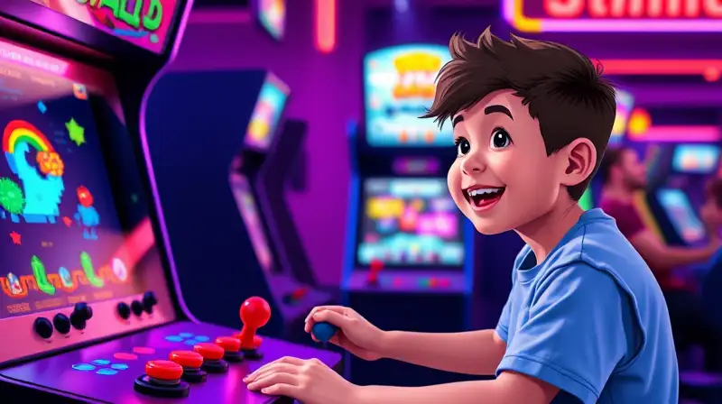 Máquina arcade clásica con ambiente colorido retro