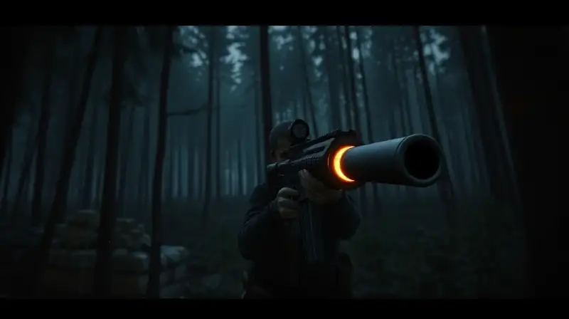 Jugador sigiloso con rifle en bosque oscuro
