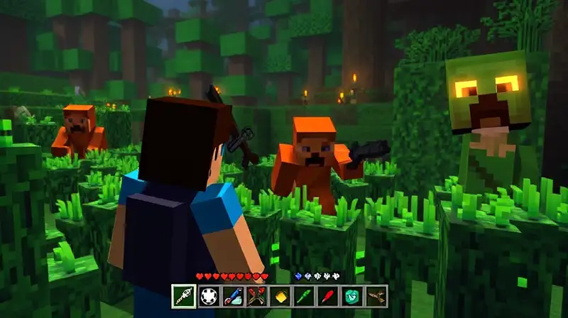 Personajes observan mobs hostiles en bioma