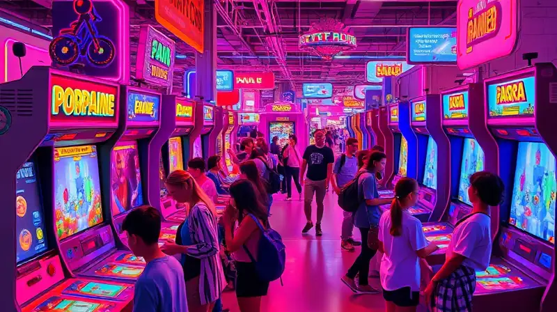 Máquinas arcade futuristas con luces neón vibrantes