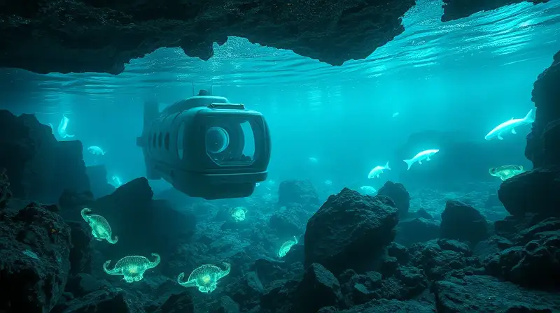 Exploración submarina futurista con criaturas bioluminiscentes