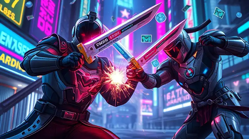 Armas futuristas brillan en combate cyberpunk