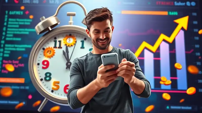 Jugador con móvil, reloj y progreso dinámico