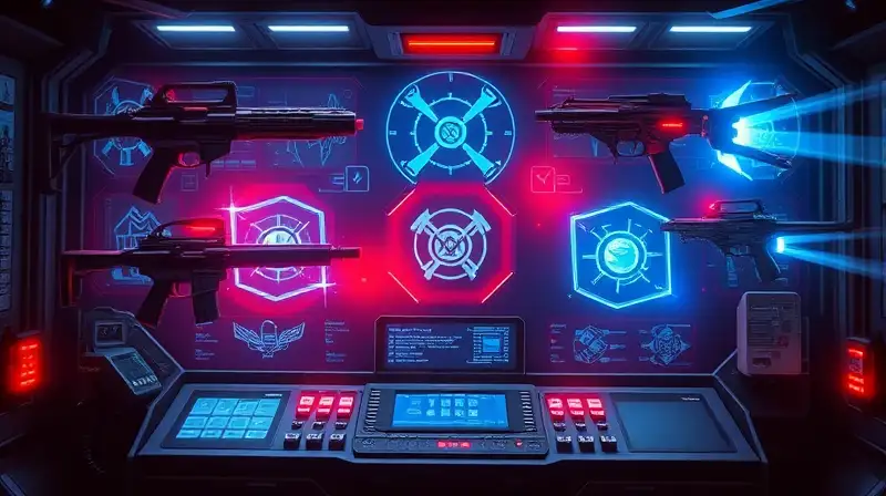 Armas defensivas futuristas activadas y brillantes