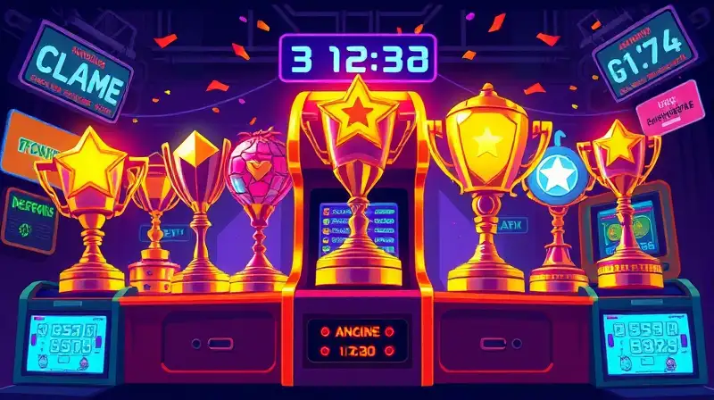 Trofeos indie retro con luces y personajes
