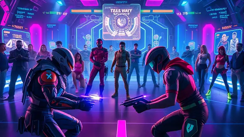 Duelo futurista en arena digital cyberpunk